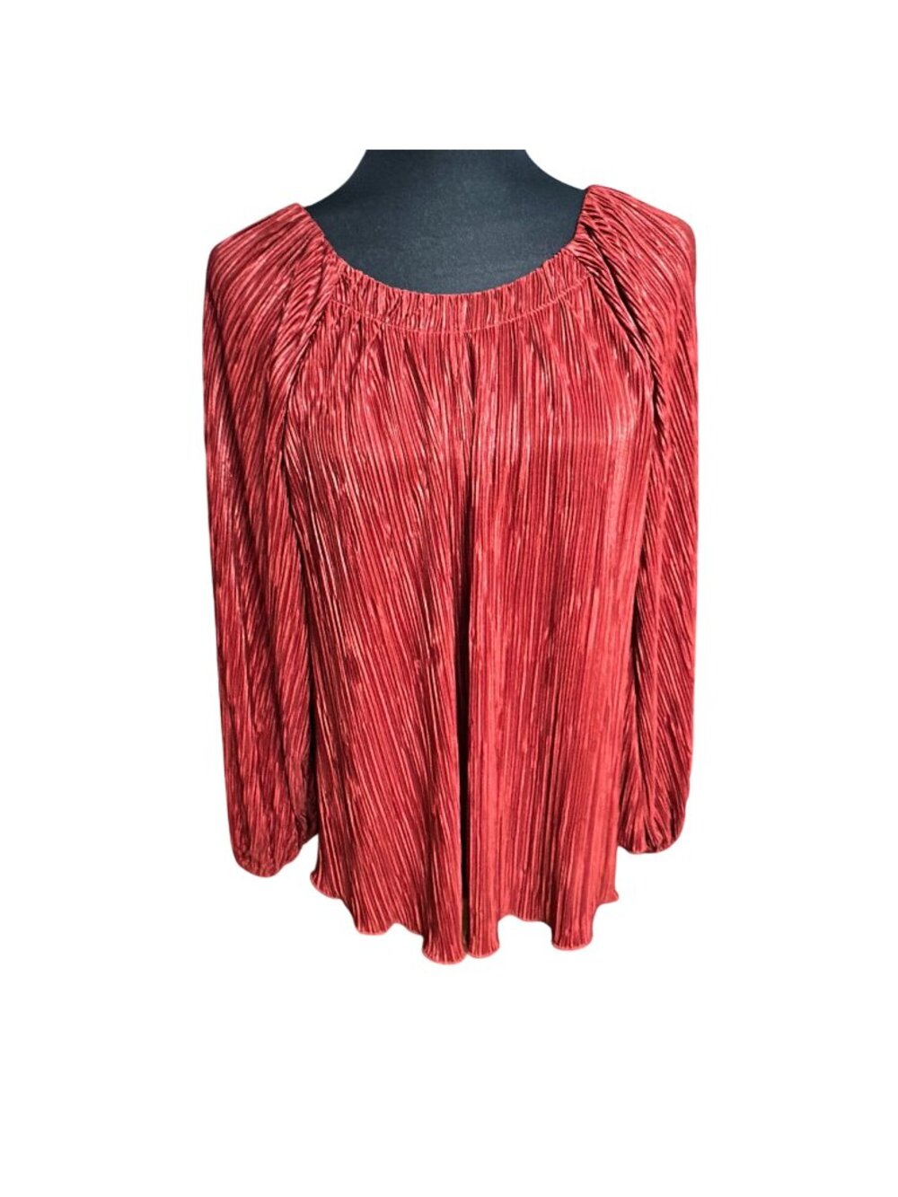 Chico's Shirt Size 3 XL Rust Red Plisse Pleated Sheen Wide Neck Blouse